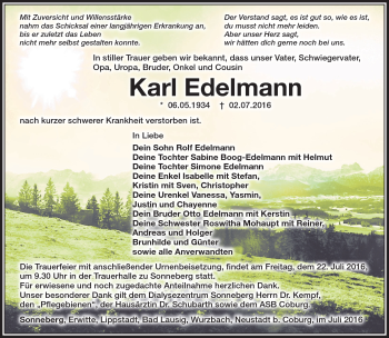 Traueranzeige von Karl Edelmann von Südthüringer Presse