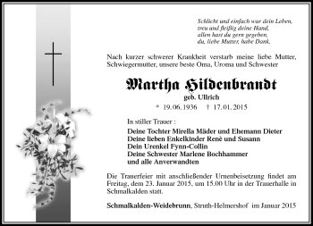 Traueranzeige von Martha Hildebrandt von Südthüringer Presse