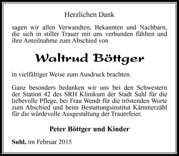 Traueranzeige von Waltrud Böttger von Südthüringer Presse