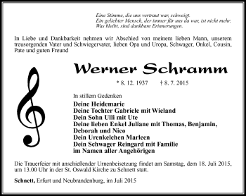 Traueranzeige von Werner Schramm von Südthüringer Presse