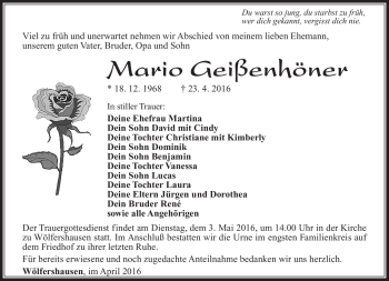 Traueranzeige von Mario Geißenhöner von Südthüringer Presse