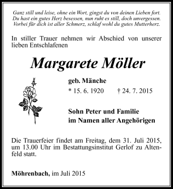 Traueranzeige von Margarete Möller von Südthüringer Presse