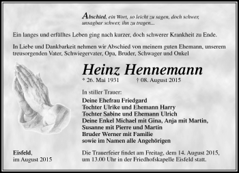 Traueranzeige von Heinz Hennemann von Südthüringer Presse