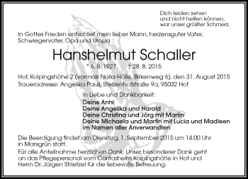 Traueranzeige von Hanshelmut Schaller von Frankenpost