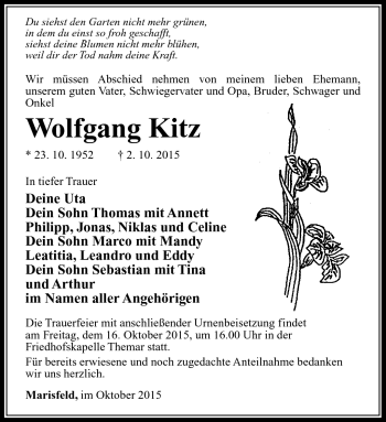 Traueranzeige von Wolfgang Kitz von Südthüringer Presse