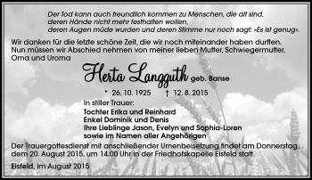 Traueranzeige von Herta Langguth von Südthüringer Presse
