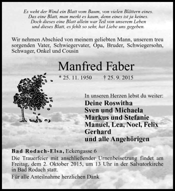 Traueranzeige von Manfred Faber von Neue Presse Coburg
