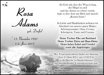 Traueranzeige von Rosa Adams von Südthüringer Presse