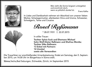 Traueranzeige von Rosel Raßmann von Südthüringer Presse