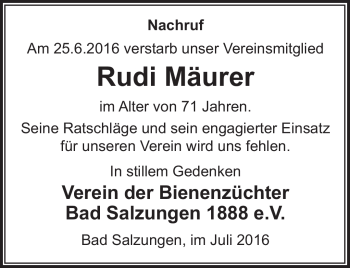 Traueranzeige von Rudi Mäurer von Südthüringer Presse