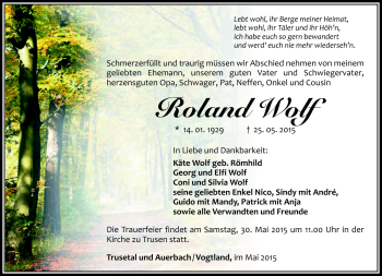 Traueranzeige von Roland Wolf von Südthüringer Presse