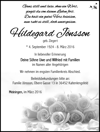 Traueranzeige von Hildegard Jönsson von Südthüringer Presse