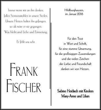 Traueranzeige von Frank Fischer von Südthüringer Presse