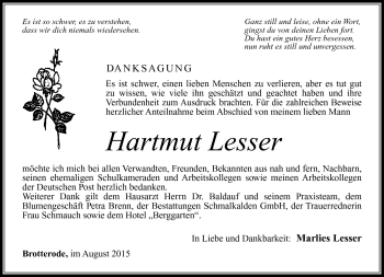 Traueranzeige von Hartmut Lesser von Südthüringer Presse