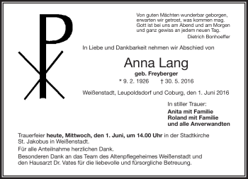 Traueranzeige von Anna Lang von Frankenpost