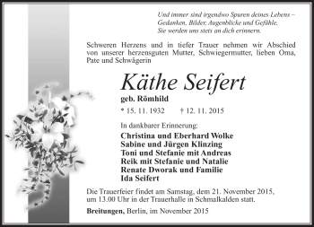 Traueranzeige von Käthe Seifert von Südthüringer Presse
