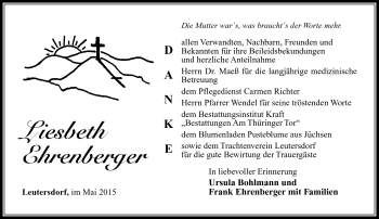 Traueranzeige von Liesbeth Ehrenberger von Südthüringer Presse