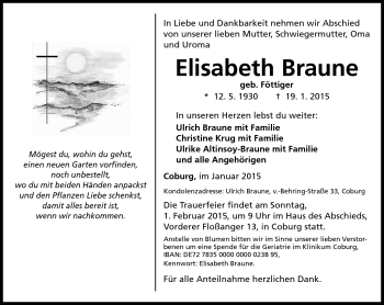 Traueranzeige von Elisabeth Braune von Neue Presse Coburg