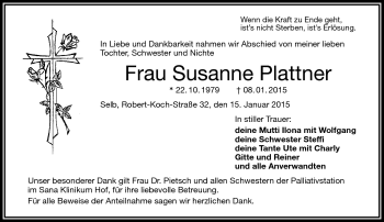 Traueranzeige von Susanne Plattner von Frankenpost