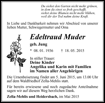 Traueranzeige von Edeltraud Muder von Südthüringer Presse