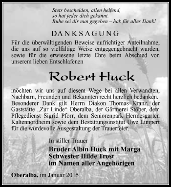 Traueranzeige von Robert Huck von Südthüringer Presse
