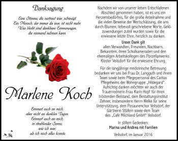 Traueranzeige von Marlene Koch von Südthüringer Presse