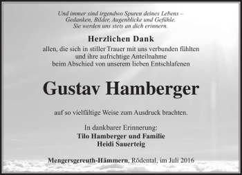 Traueranzeige von Gustav Hamberger von Südthüringer Presse