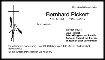 Traueranzeige von Bernhard Pickert von Frankenpost