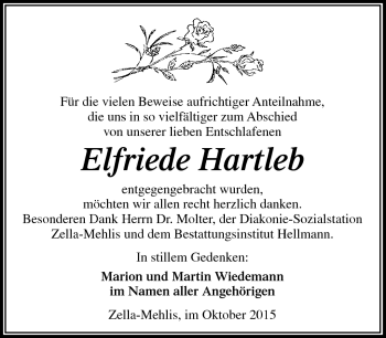Traueranzeige von Elfriede Hartleb von Südthüringer Presse