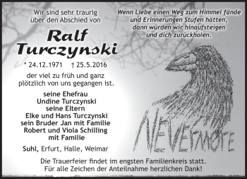 Traueranzeige von Ralf Turczynski von Südthüringer Presse