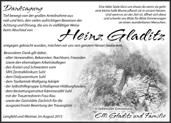 Traueranzeige von Heinz Gladitz von Südthüringer Presse