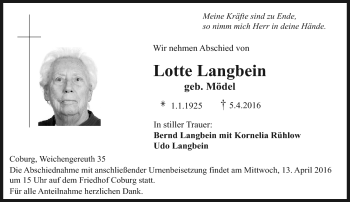 Traueranzeige von Lotte Langbein von Neue Presse Coburg