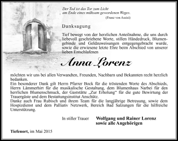 Traueranzeige von Anna Lorenz von Südthüringer Presse