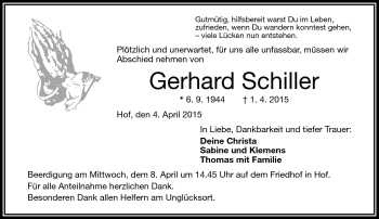 Traueranzeige von Gerhard Schiller von Frankenpost