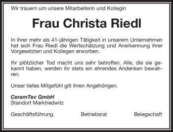 Traueranzeige von Christa Riedl von Frankenpost