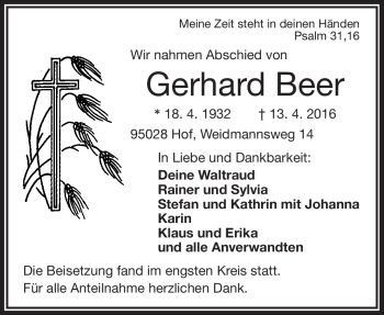 Traueranzeige von Gerhard Beer von Frankenpost