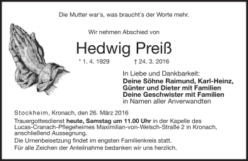 Traueranzeige von Hedwig Preiß von Neue Presse Coburg