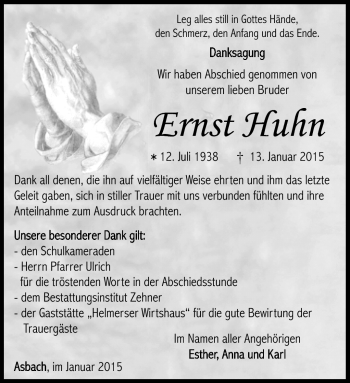Traueranzeige von Ernst Huhn von Südthüringer Presse