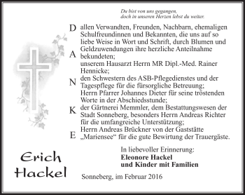 Traueranzeige von Eleonore Hackel von Südthüringer Presse