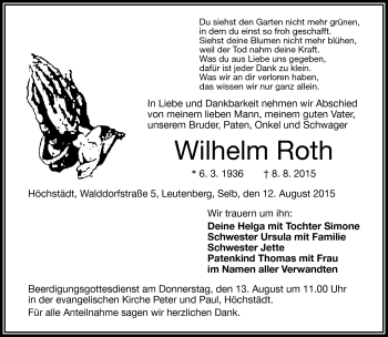 Traueranzeige von Wilhelm Roth von Frankenpost