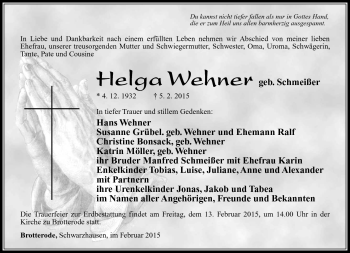 Traueranzeige von Helga Wehner von Südthüringer Presse