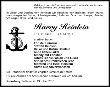 Traueranzeige von Harry Heinlein von Südthüringer Presse