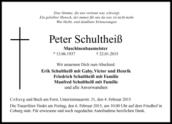 Traueranzeige von Peter Schultheiß von Neue Presse Coburg