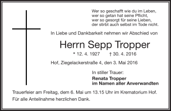 Traueranzeige von Sepp Tropper von Frankenpost
