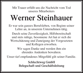 Traueranzeige von Werner Steinhauer von Südthüringer Presse