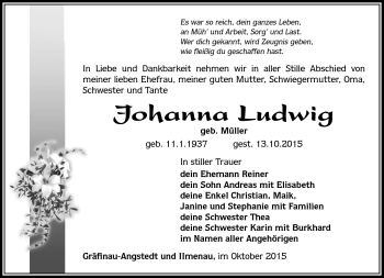 Traueranzeige von Johanna ludwig von Südthüringer Presse