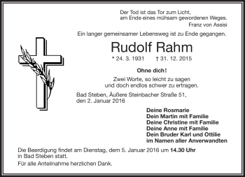 Traueranzeige von Rudolf Rahm von Frankenpost