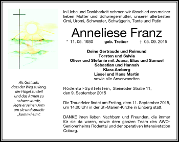 Traueranzeige von Anneliese Franz von Neue Presse Coburg