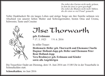 Traueranzeige von Ilse Thorwarth von Südthüringer Presse