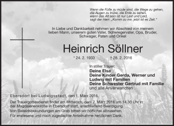 Traueranzeige von Heinrich Söllner von Neue Presse Coburg